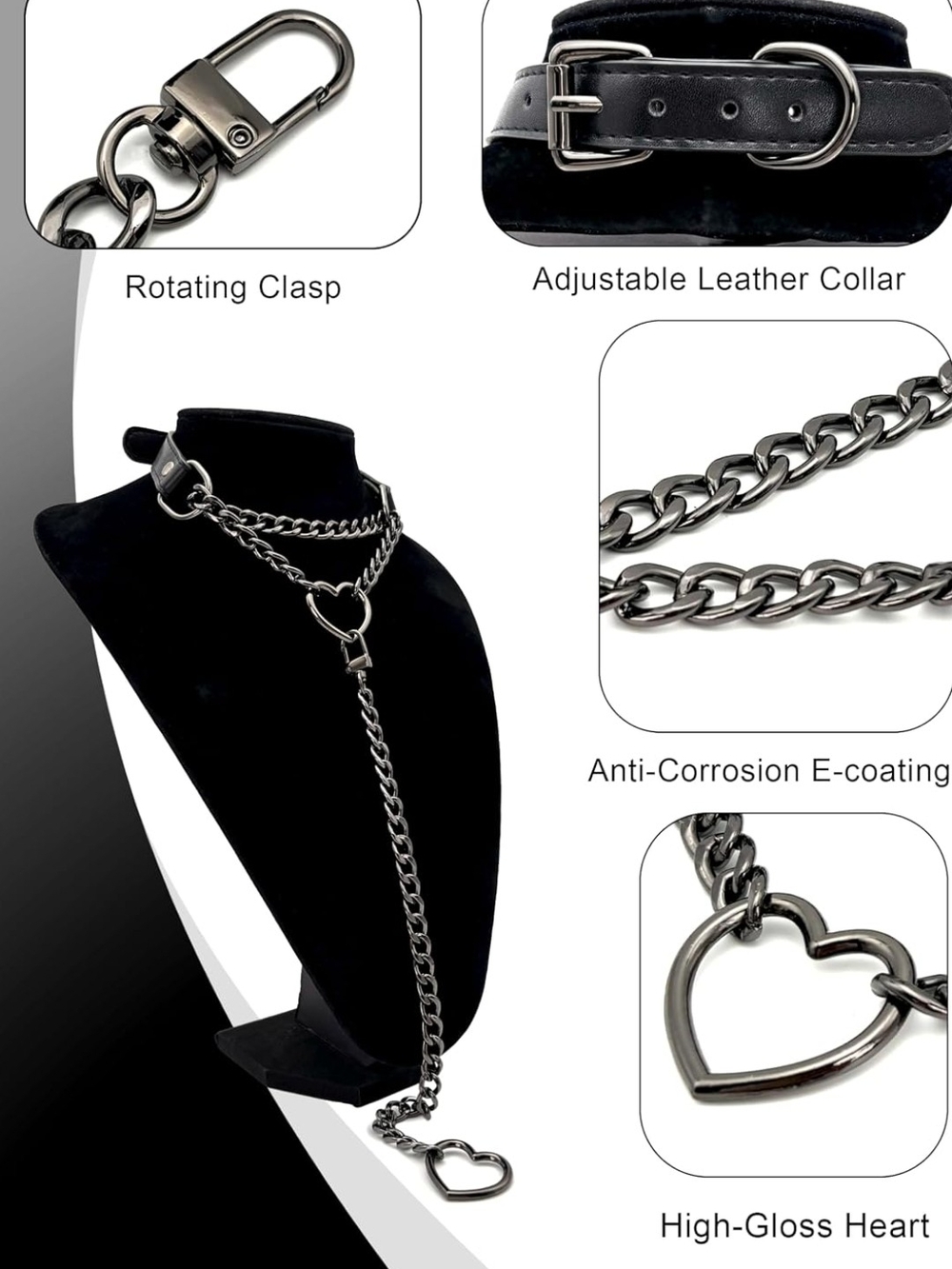 Heart Chain Leather Collar - Black Metal Heart Leash View 4